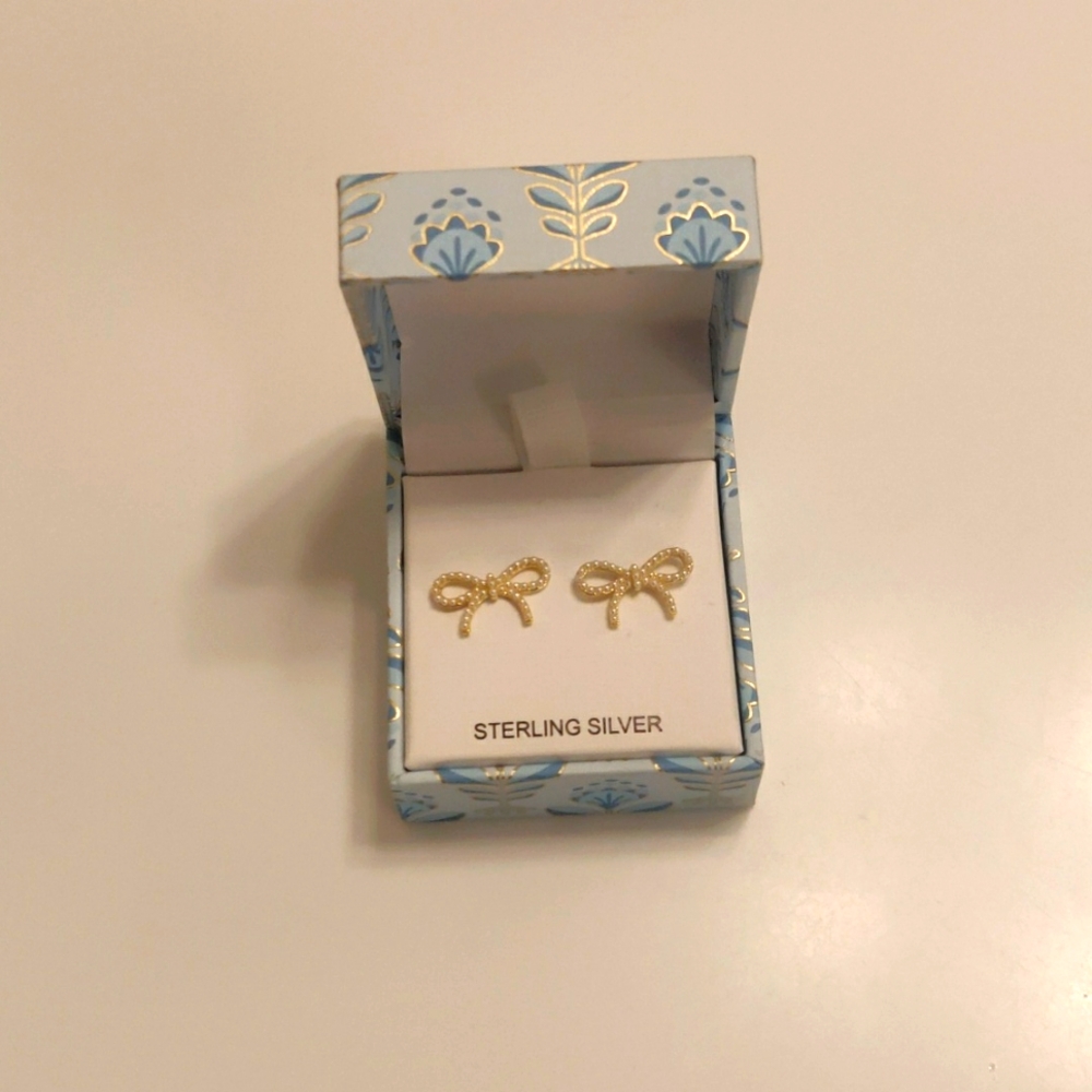 New!Rachel Zoe Sterling Silver Golden- Tone Bow Studs Earrings Cottagecore Y2K